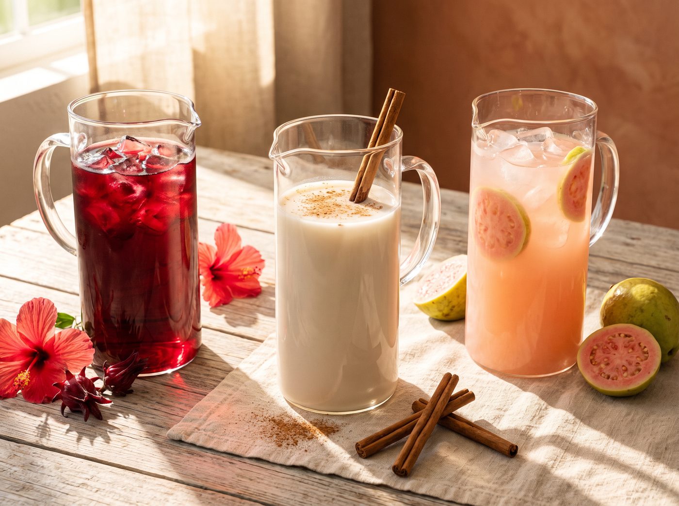 Tres jarras de vidrio con aguas frescas de jamaica, horchata y guayaba