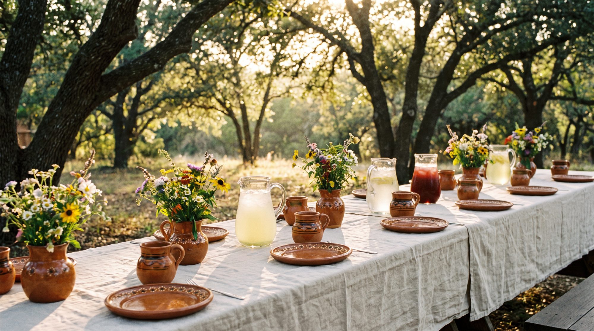 Mesa larga de desayuno puesta al amanecer, con mantel de lino, loza de barro y jarras de agua fresca