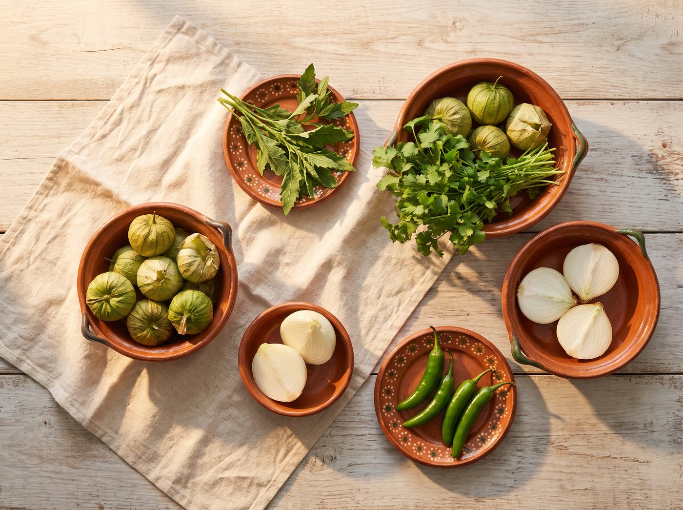 Tomate verde, epazote, cilantro, cebolla y chile serrano